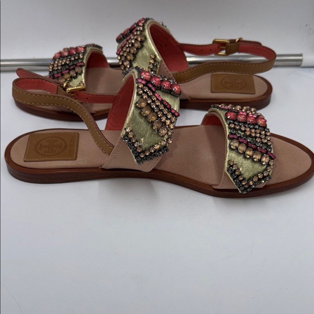 Tory Burch Gold Jeweled Strappy Sandals - Picture 13 of 16